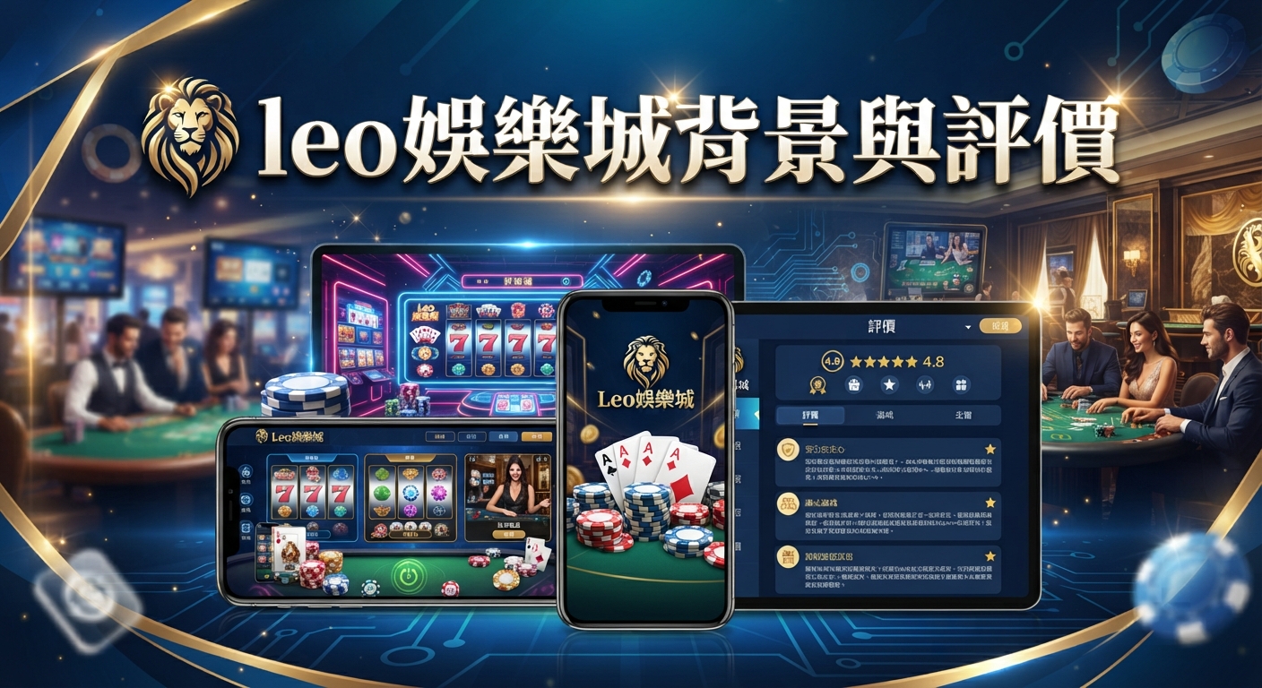 這張圖片展示了Leo娛樂城的背景與線上娛樂場景,畫面中包含手機與平板設備顯示的遊戲介面。 整體風格結合了奢華的賭場元素與現代科技感,並在頂部醒目地標示出主題文字。
