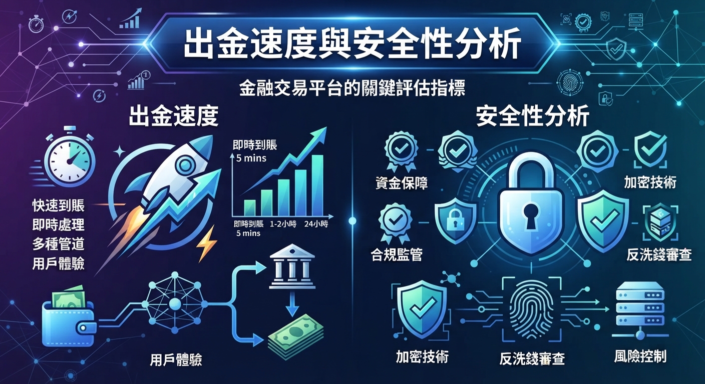 這是一張關於金融交易平台的分析圖表,主題為出金速度與安全性分析。 畫面透過圖示與數據分別探討了出金效率與資產防護機制。